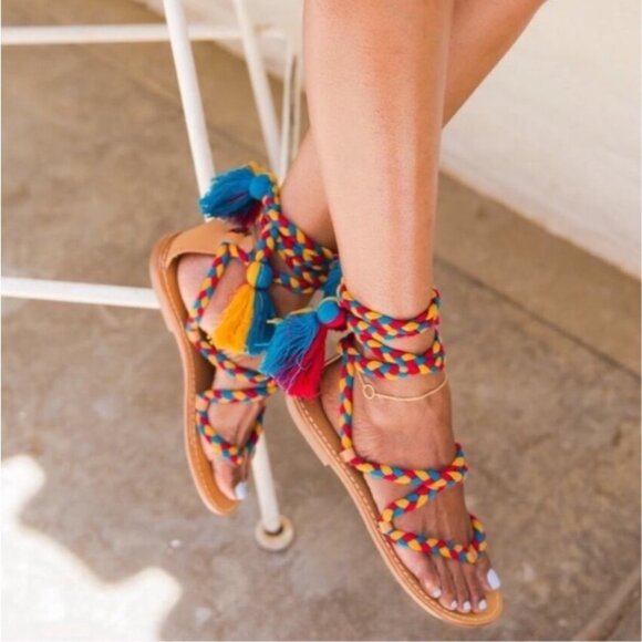 Soludos Shoes - Soludos Multicolor Braided Wraparound Gladiator Sandals Tassel Detail Size 9